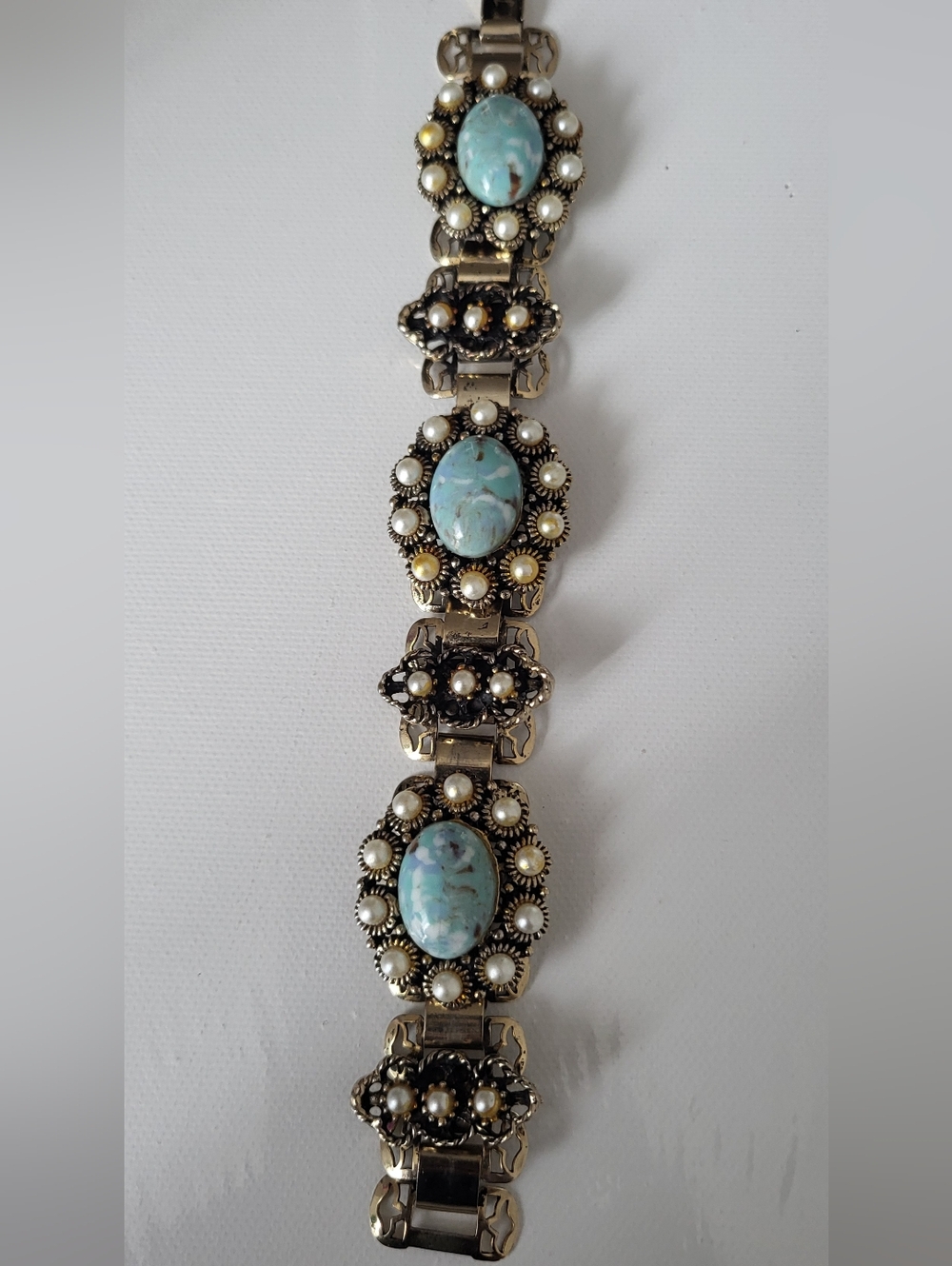 Vintage Panel Bracelet Faux  Turquoise Cabochon Faux Pearl Bracelet for Women